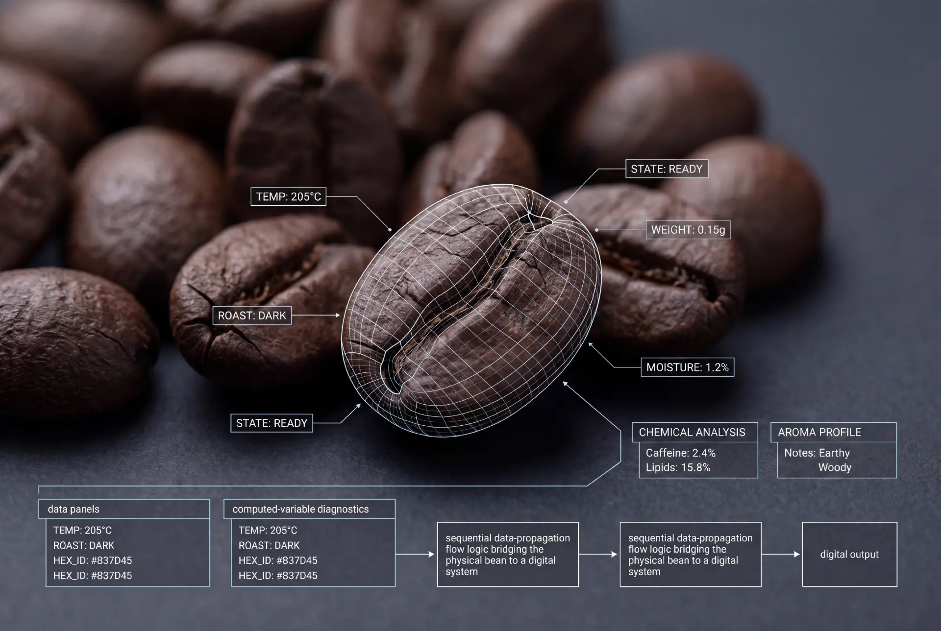 Roasted coffee beans under a wireframe analysis overlay with technical callouts.